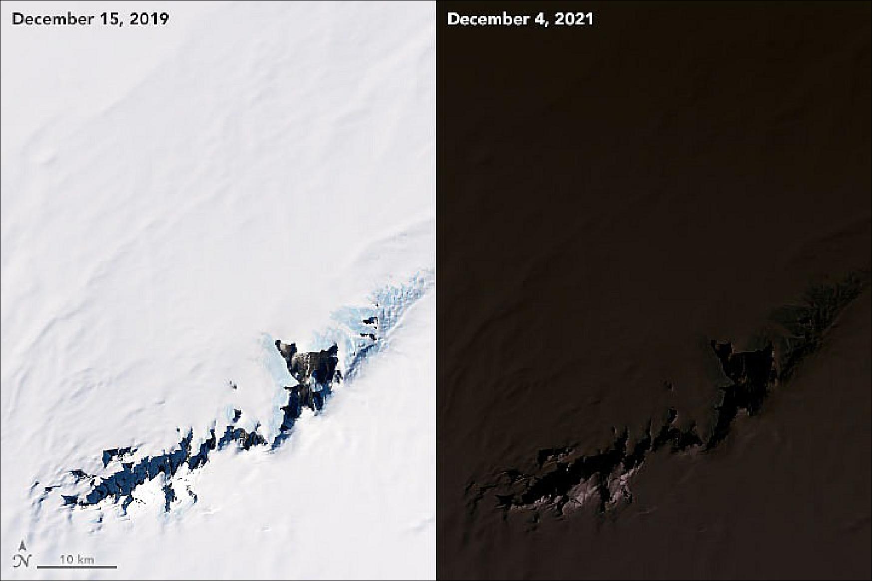 Figure 9: These natural-color images were acquired by the Operational Land Imager (OLI) on the Landsat-8 satellite on December 15, 2019, and December 4, 2021, respectively. Both images show the Pensacola Mountains, south of the Ronne Ice Shelf in Antarctica. The December 2021 image was acquired at 07:37 UTC, a few minutes before the eclipse reached totality. Note the slight difference in the amount of darkness from south to north, as the south-facing slopes received some faint sunlight from the horizon (image credit: NASA Earth Observatory)