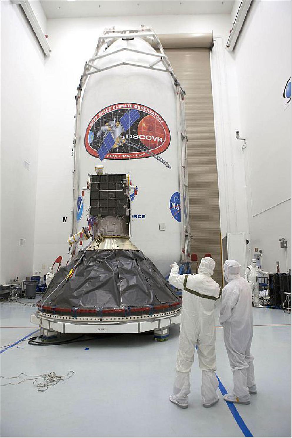 Figure 6: Photo of the preparations of NOAA's DSCOVR spacecraft in the Astrotech payload processing facility of Titusville, FL (image credit: NASA)