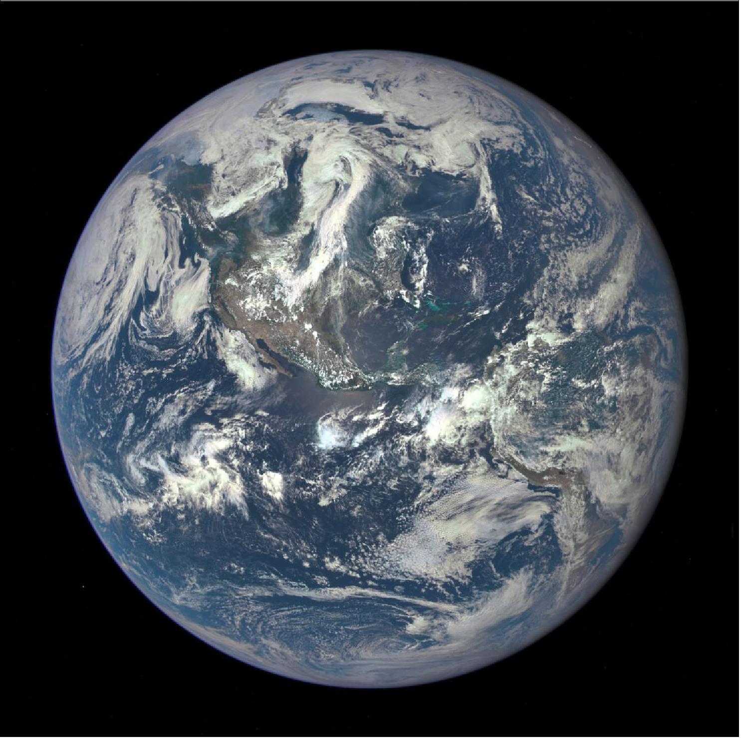 Figure 37: Earth as seen on July 6, 2015 from a distance of one million miles by NASA's EPIC instrument aboard NOAA's DSCOVR (Deep Space Climate Observatory) spacecraft (image credit: NASA)