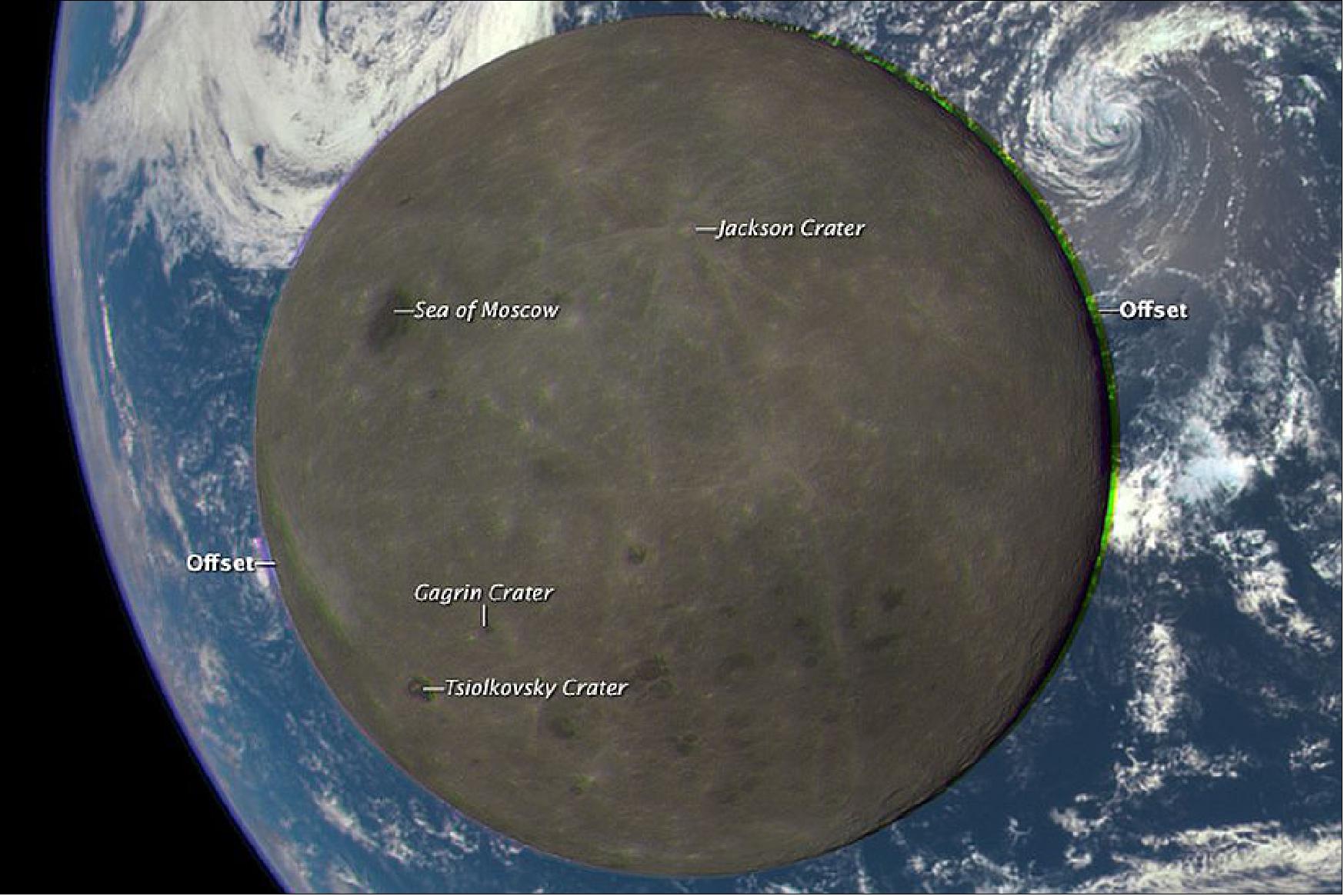 Figure 36: The lunar far side lacks the large, dark, basaltic plains, or maria, that are so prominent on the Earth-facing side. The largest far side features are Mare Moscoviense (Sea of Moscow) in the upper left and Tsiolkovsky crater in the lower left (image credit: NASA, DSCOVR EPIC Team)
