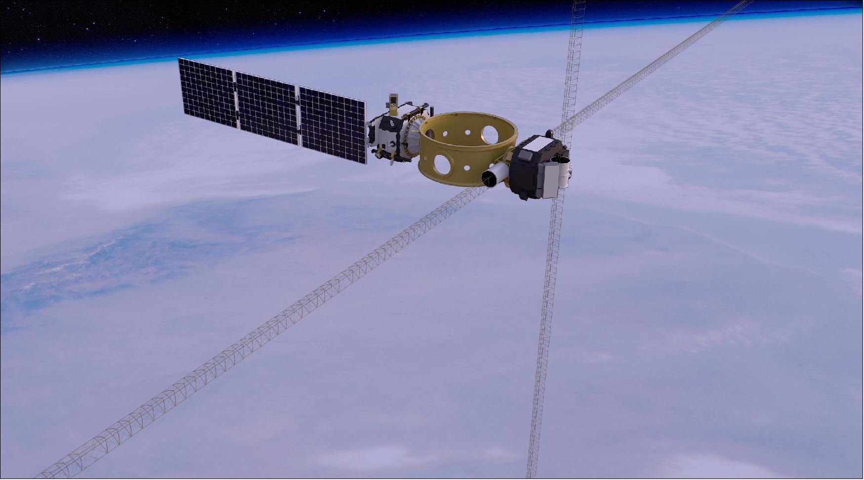 Figure 8: On 12 July 2019, the longer pair of the antenna booms (80 meters tip-to-tip) was successfully deployed as the largest unmanned structure ever in space (image credit: AFRL)
