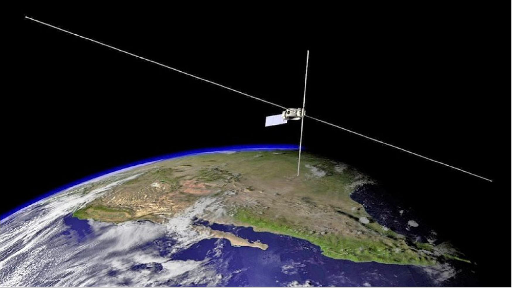 Figure 7: Artist’s rendering of the Air Force Research Laboratory DSX spacecraft on-orbit with its 80-meter and 16-meter antenna booms extended (image credit: USAF rendering by W Robert Johnston)