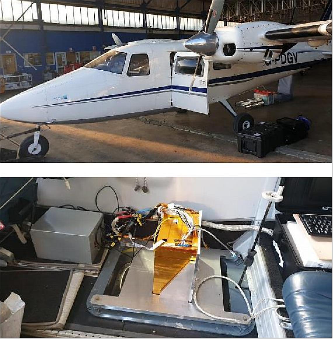 Figure 15: PDG Aviation Vulcanair P68 (top), EM Camera installed in the aircraft (bottom), image credit: SSTL