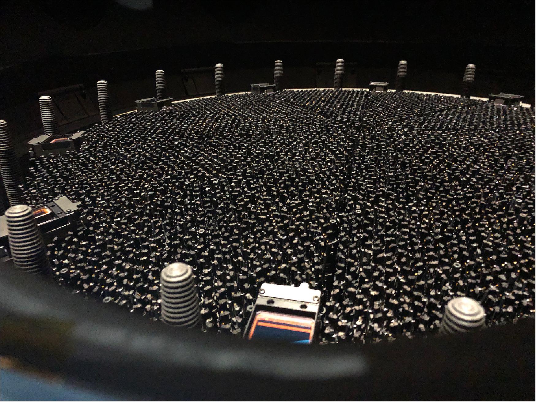 Figure 14: A view of DESI's fully installed focal plane, which features 5,000 automated robotic positioners, each carrying a fiber-optic cable to gather galaxies' light (image credit: DESI Collaboration)