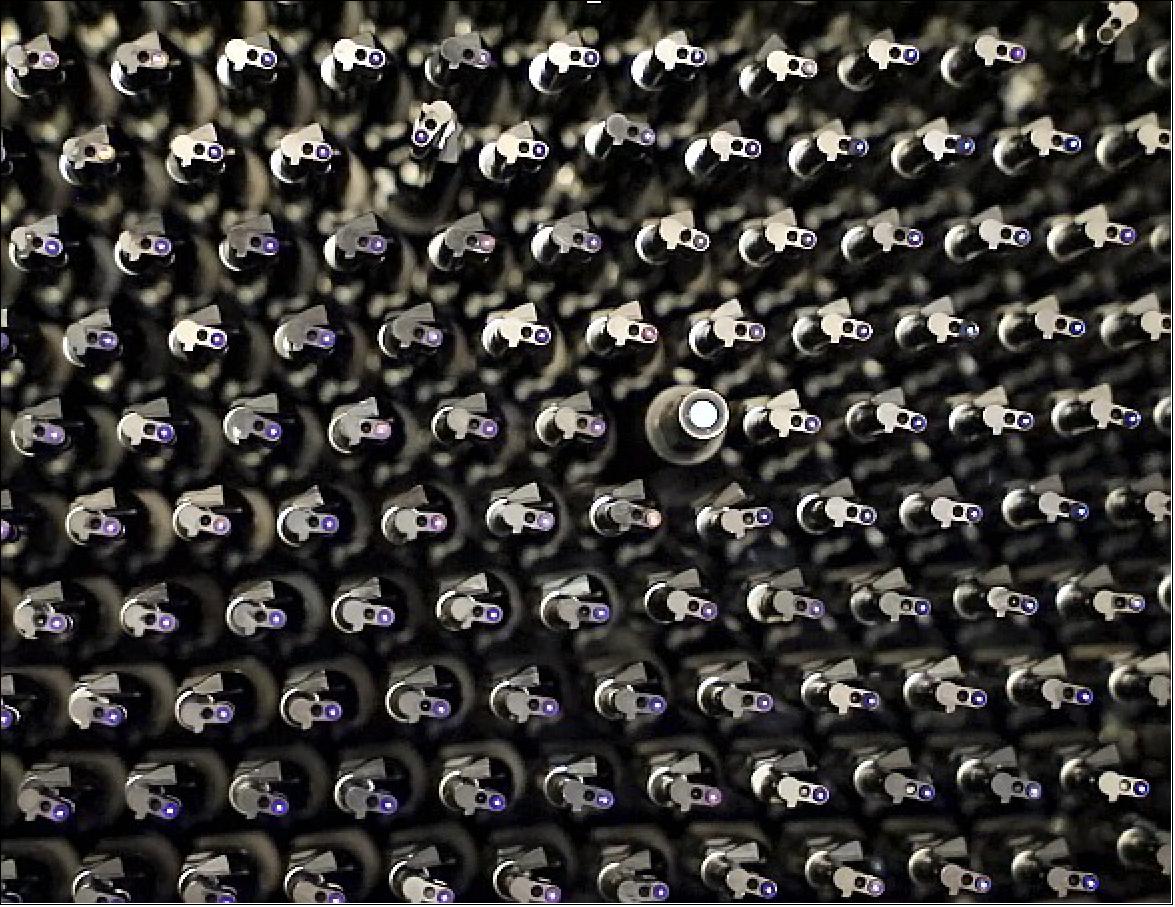 Figure 10: Photo of a small section of the DESI focal plane, showing the one-of-a-kind robotic positioners. The optical fibers, which are installed in the robotic positioners, are backlit with blue light in this image (image credit: DESI collaboration)