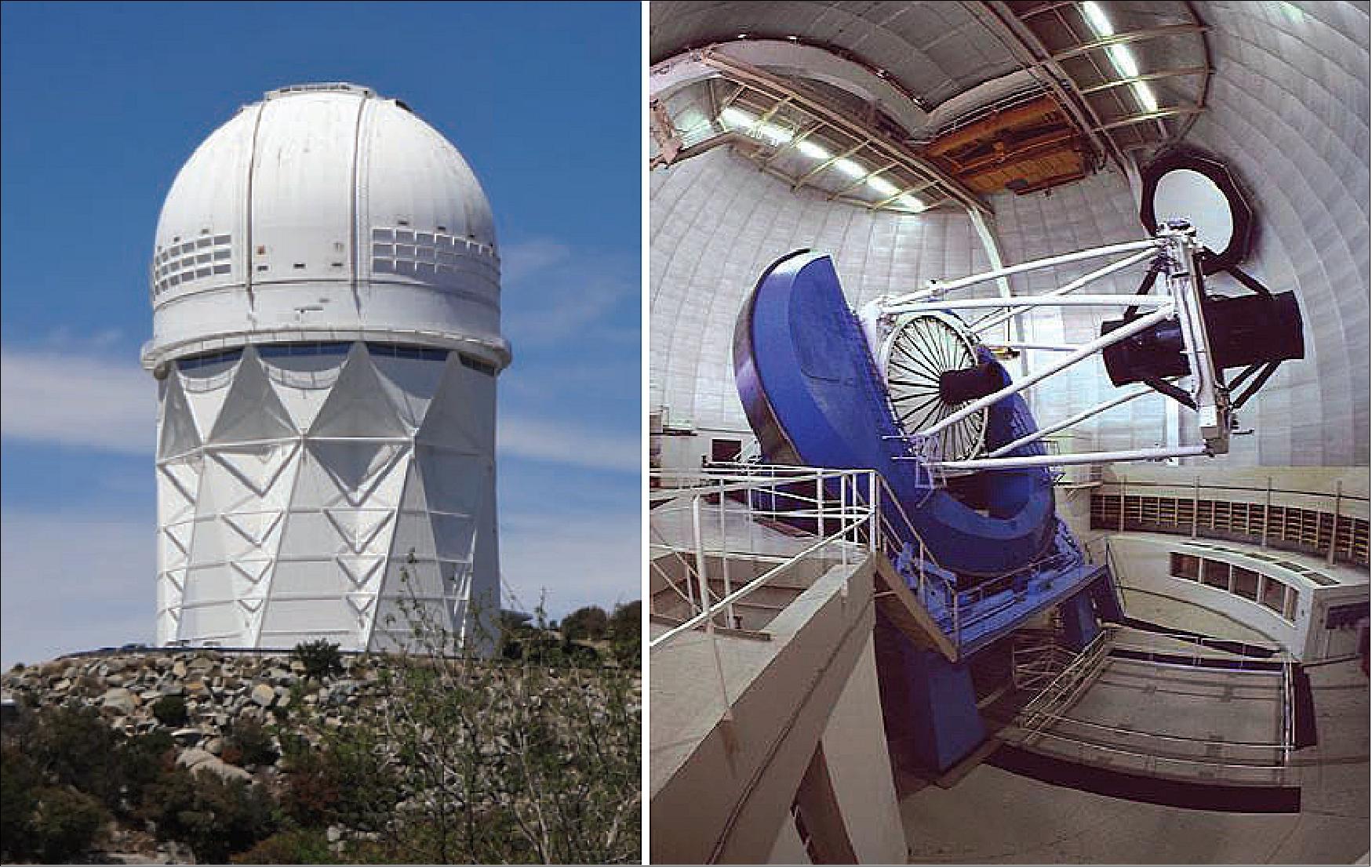Figure 4: On the left is the Mayall 4m telescope dome structure. On the right is the telescope. The black cylinder is the MOSAIC corrector that will be replaced as part of the DESI project to instrument a 3 degree diameter FOV (image credit: DESI Collaboration)