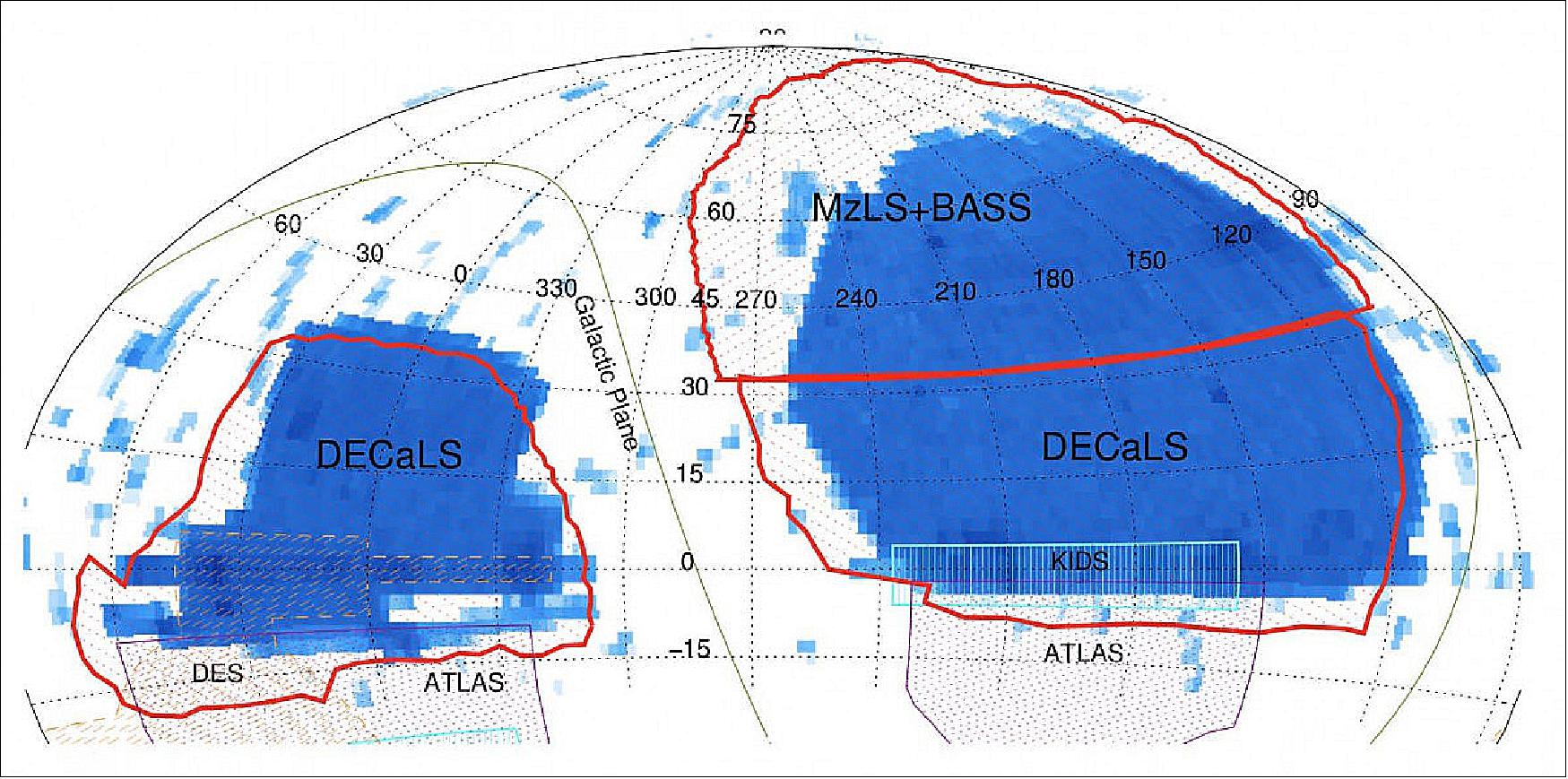 Figure 1: This map shows the sky areas covered (blue) by three surveys conducted in preparation for DESI (image credit: University of Arizona)