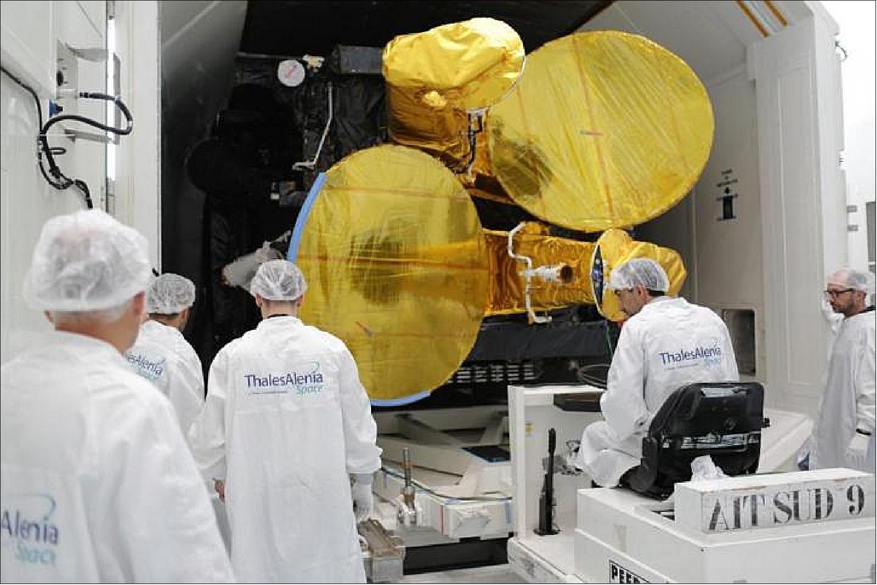 Figure 5: The Inmarsat S-band / Hellas-Sat 3 satellite being loaded for delivery to the Kourou launch facility in French Guyana (image credit: TAS)