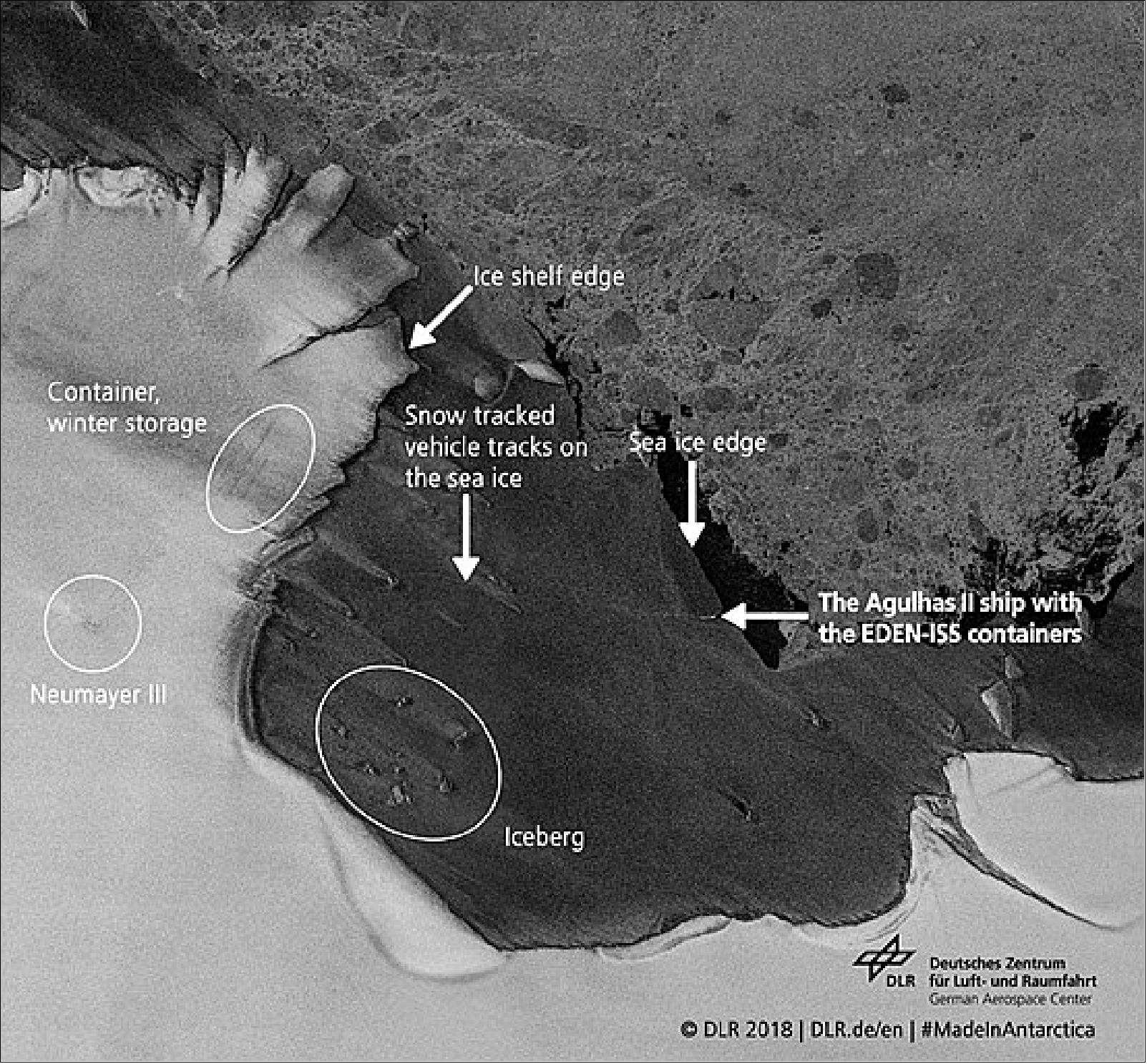 Figure 9: Localities at the Neumayer III Station on the Antarctic Ekström ice shelf as seen from space by the German TerraSAR-X satellite (image credit: DLR)