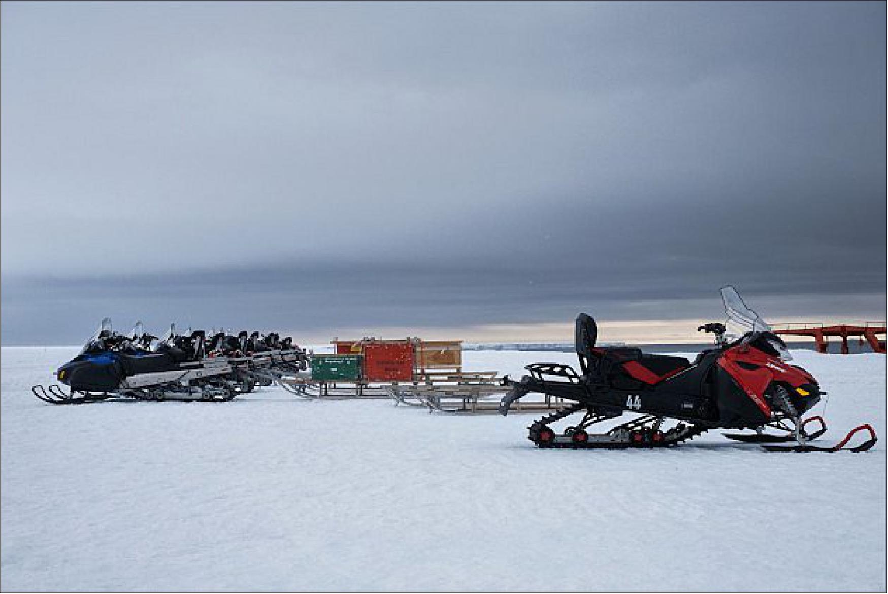 Figure 16: The snowmobile fleet parked next to Polarstern during cargo unloading (image credit: DLR/NASA/Jess Bunchek)