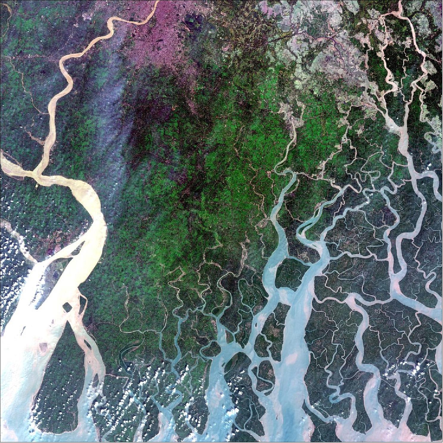 Figure 18: A false-color image showing part of the Ganges Delta in south Asia, captured by the Copernicus Sentinel-2B satellite and relayed by EDRS-A on 27 October 2017 (image credit: ESA, the image contains modified Copernicus Sentinel data (2017), processed by ESA, CC BY-SA 3.0 IGO)