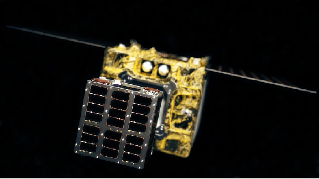 Figure 3: ELSA-d Chaser and Target: with Target at the front (detached) and Chaser in the background (image credit: Astroscale)
