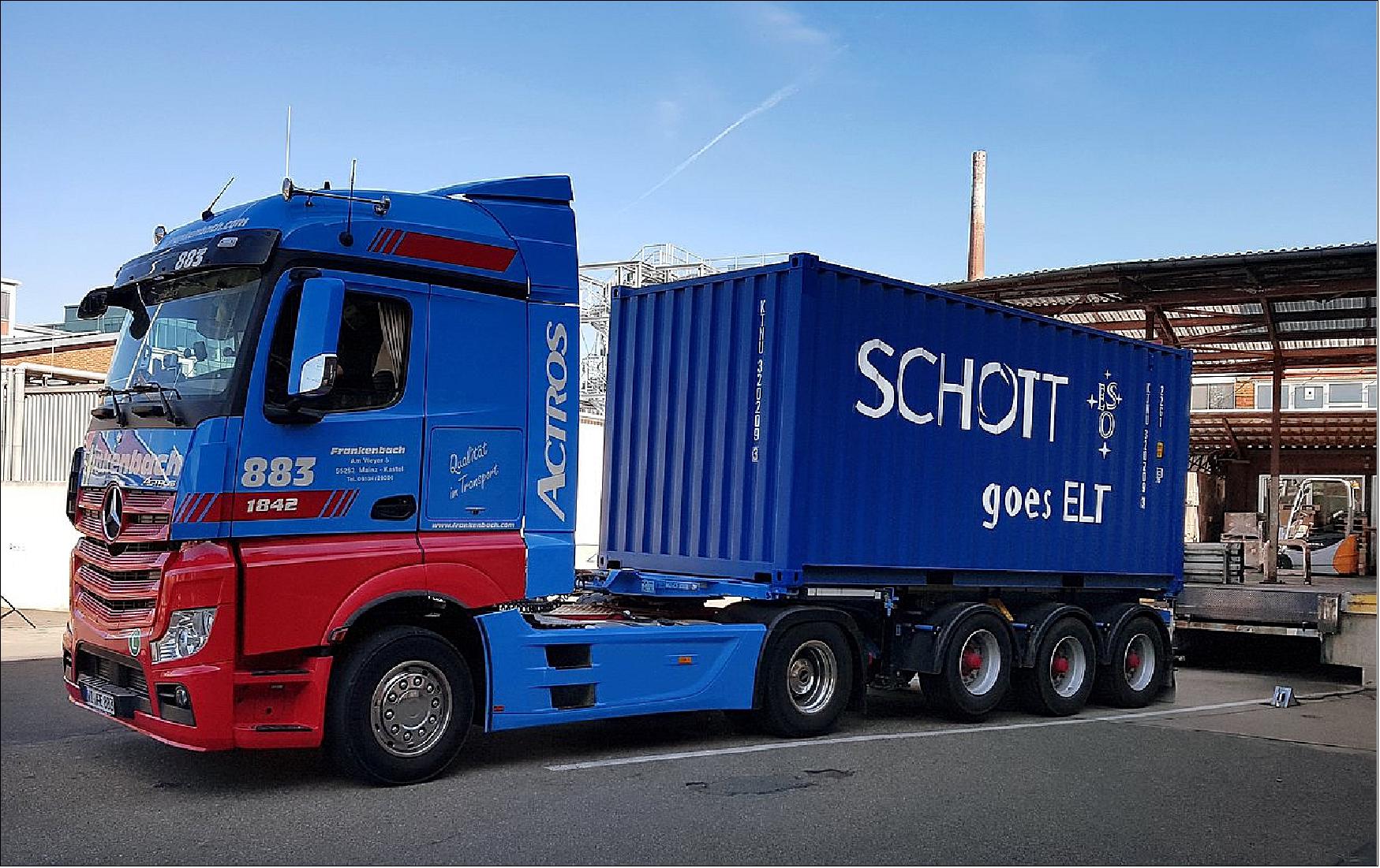 Figure 11: The shipping container with the first 18 ELT primary mirror blanks was sent from SCHOTT in Mainz, Germany, on 23 July and arrived at Safran Reosc the following day (image credit: ESO/SCHOTT/Safran Reosc)