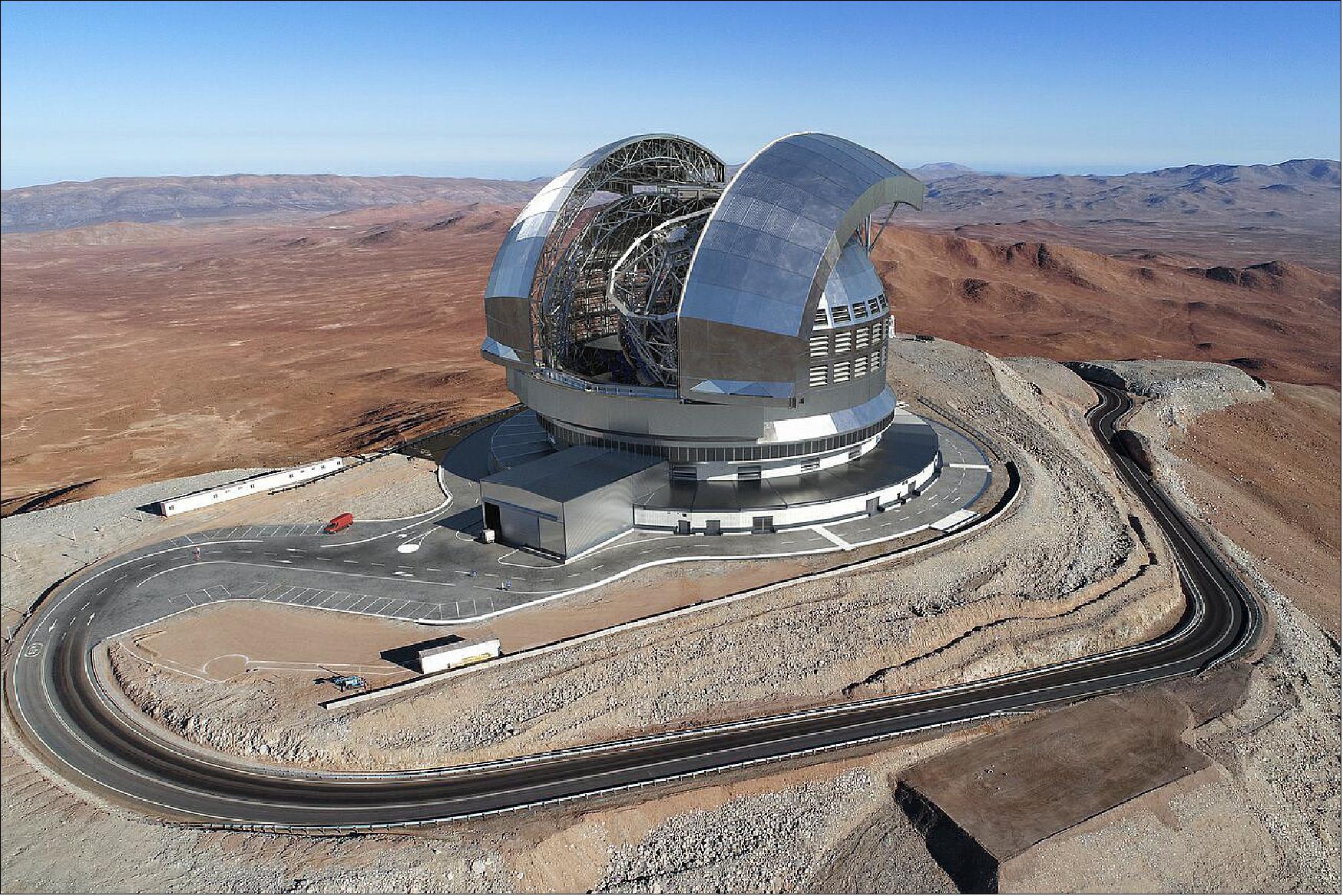Figure 10: This image (an artistic rendering) shows how the telescope will look like on top of the mountain. The levelling of the summit of Cerro Armazones, in preparation for the construction of the ELT, was completed in 2015 (image credit: ESO)
