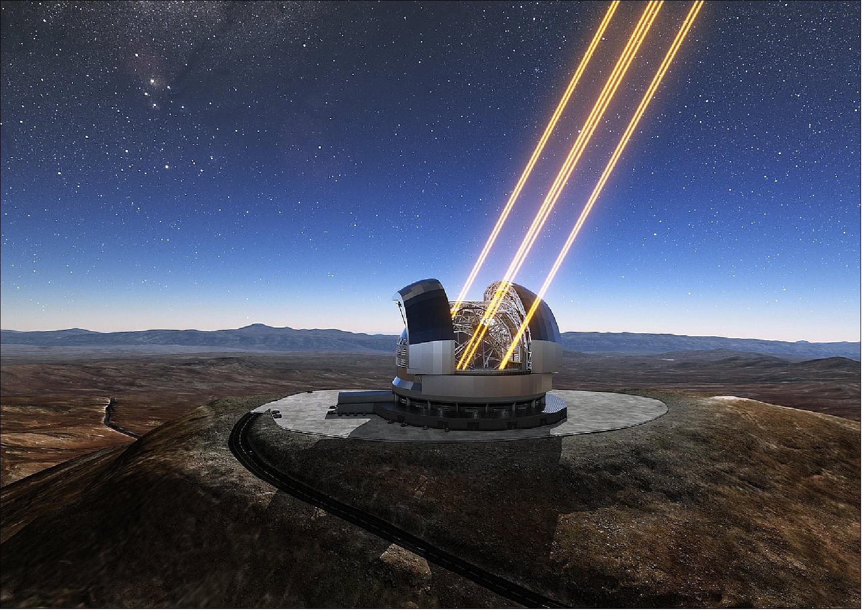 Figure 9: This artist's rendering shows the ELT (Extremely Large Telescope) in operation on Cerro Armazones in northern Chile. The telescope is shown using lasers to create artificial stars high in the atmosphere. The first stone ceremony for the telescope was attended by the President of Chile, Michelle Bachelet Jeria, on 26 May 2017 (image credit: ESO/L. Calçada) 5)