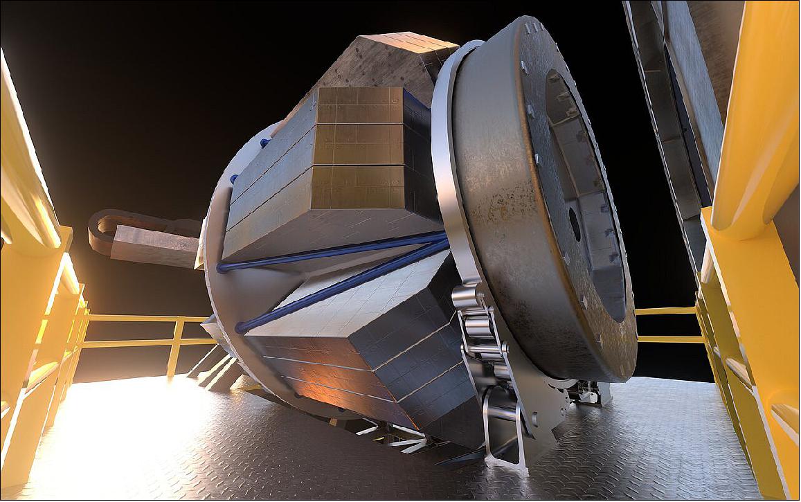Figure 24: Artist's rendition of MOSAIC. MOSAIC will use the widest possible field-of-view provided by the ELT (Extremely Large Telescope). It will have three operating modes that cover observations in visible and infrared light for more than a hundred sources simultaneously (image credit: ESO)