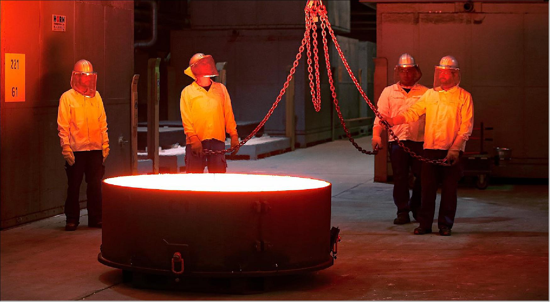 Figure 13: The first six hexagonal segments for the main mirror of ESO's ELT (Extremely Large Telescope) have been successfully cast by the German company SCHOTT at their facility in Mainz. These segments will form parts of the ELT's 39 meter main mirror, which will have 798 segments in total when completed. The ELT will be the largest optical telescope in the world when it sees first light in 2024 (image credit: SCHOTT/ESO)