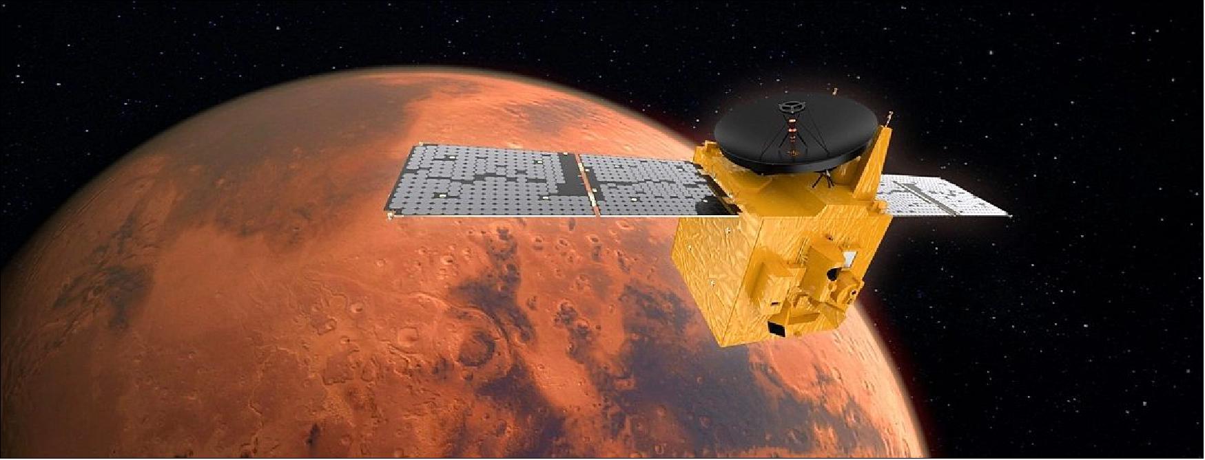 Figure 7: Artist's rendition of the EMM Hope spacecraft in Mars orbit (image credit: UAESA) 11)
