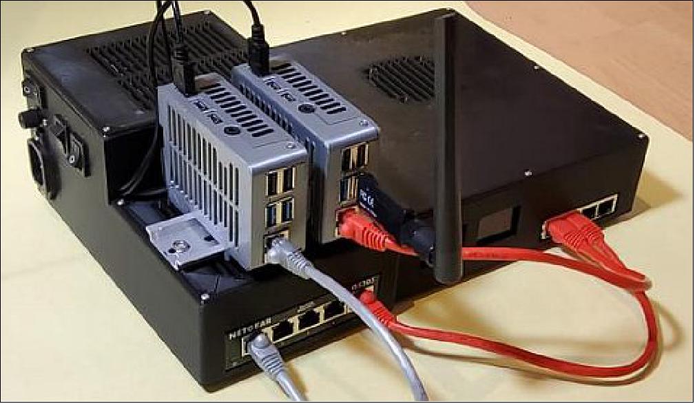 Figure 7: Communications Emulator for the complete subsystem: S-band transmitter, link controller for the IDRS transceiver, Ethernet switch and power supplies, with Ka-band emulated (image credit: EO-Alert Consortium)