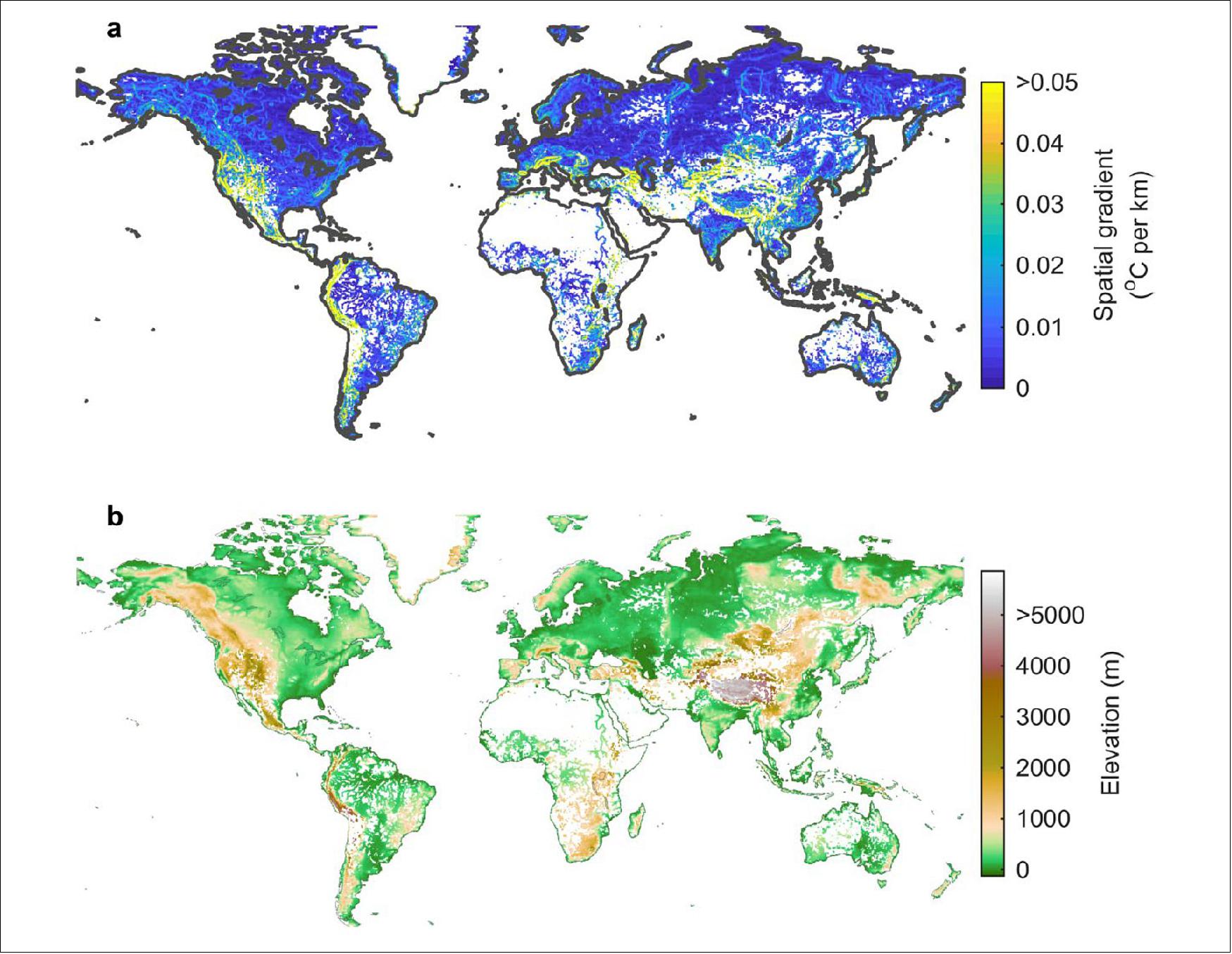 Figure 67: Global relationship between the spatial temperature gradient and elevation. Shown is comparison of a, the two-dimensional spatial gradient of surface water temperature change, and b, elevation. White regions represent those where standing waters are absent within the global database (image credit: Nature: Climate velocity in inland standing waters)
