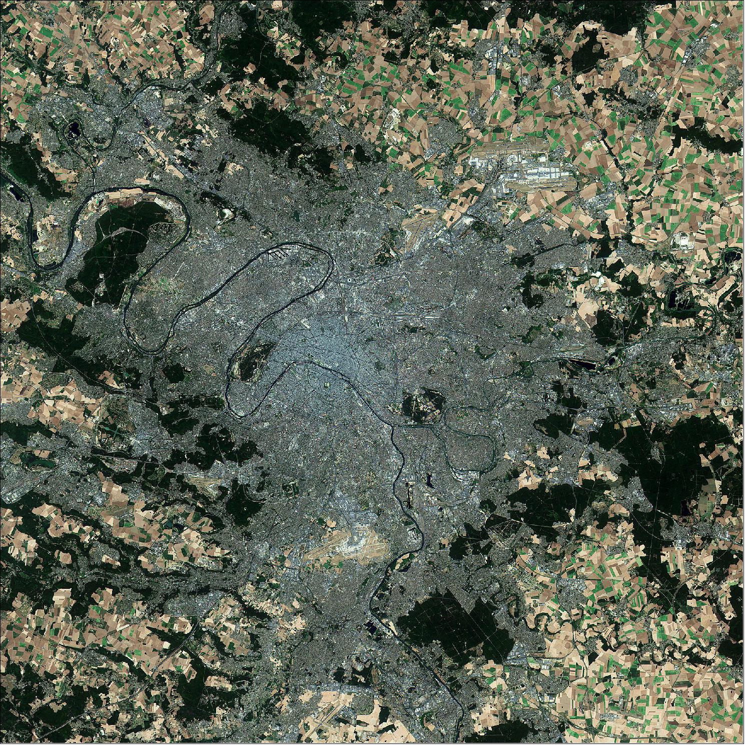 Figure 60: This image of Paris was captured by Sentinel-2A on 15 July 2015. The satellite carries an innovative high-resolution multispectral imager with 13 spectral bands for new perspective of our land and vegetation. It will provide information, for example, for agricultural practices and to help manage food security (image credit: Copernicus Sentinel data (2015)/ESA)