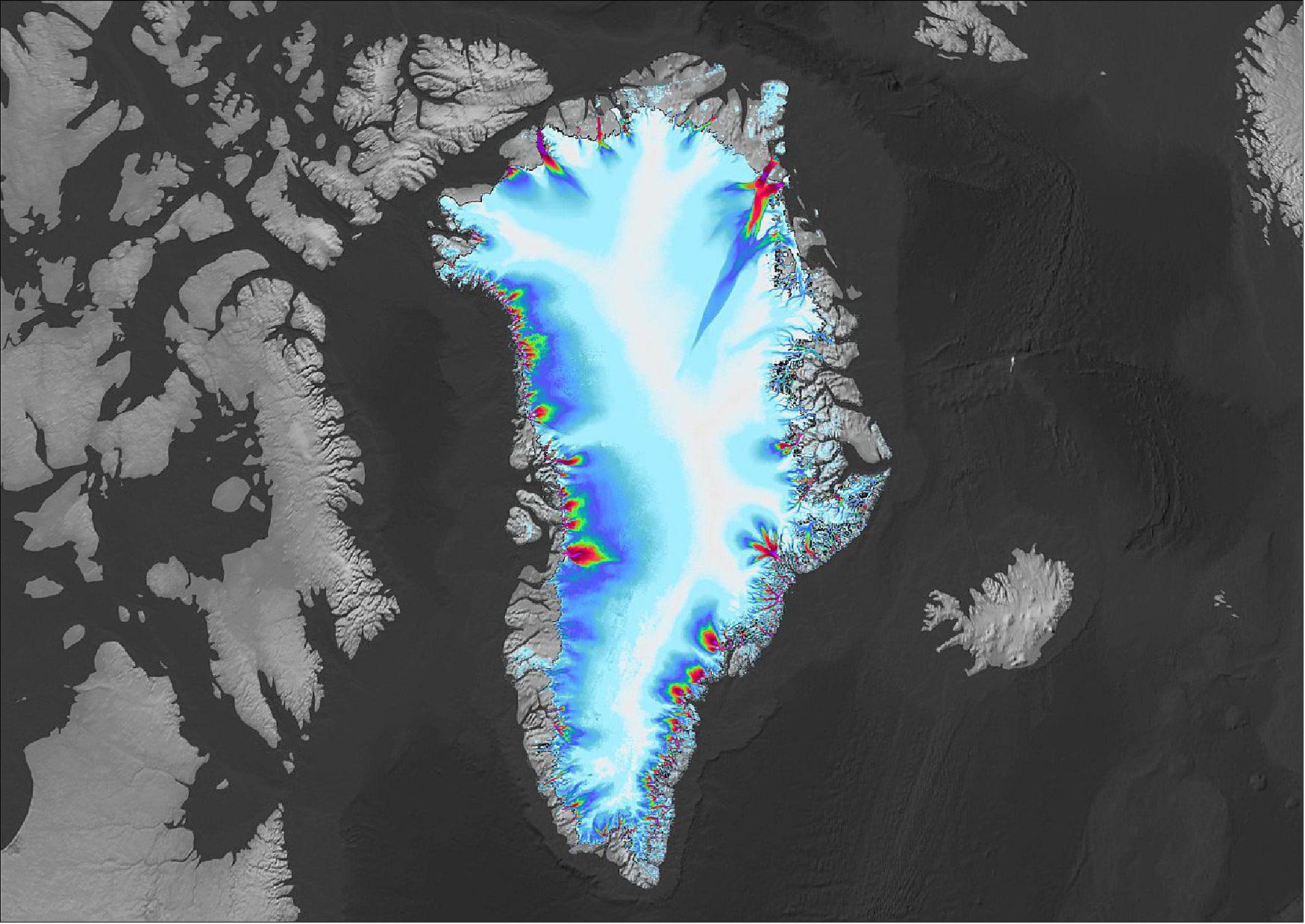 Figure 56: Greenland appears in this image created using data from the ITS_LIVE project, hosted at NASA's Jet Propulsion Laboratory. The coloring around the coast of the arctic island shows the speed of outlet glaciers flowing into the ocean (image credit: NASA/JPL-Caltech/USGS)
