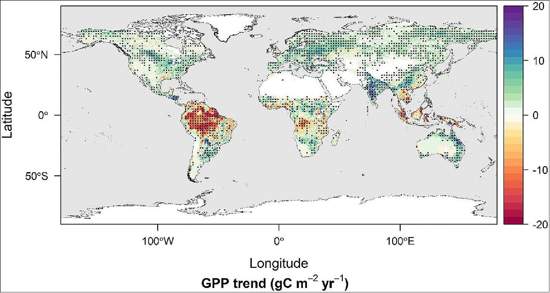 Figure 51: A map of the world shows the changes in global gross primary productivity (GPP), an indicator of carbon uptake, from 1982–2016. Each dot indicates a region with a statistically significant trend (image credit: NASA/Nima Madani)