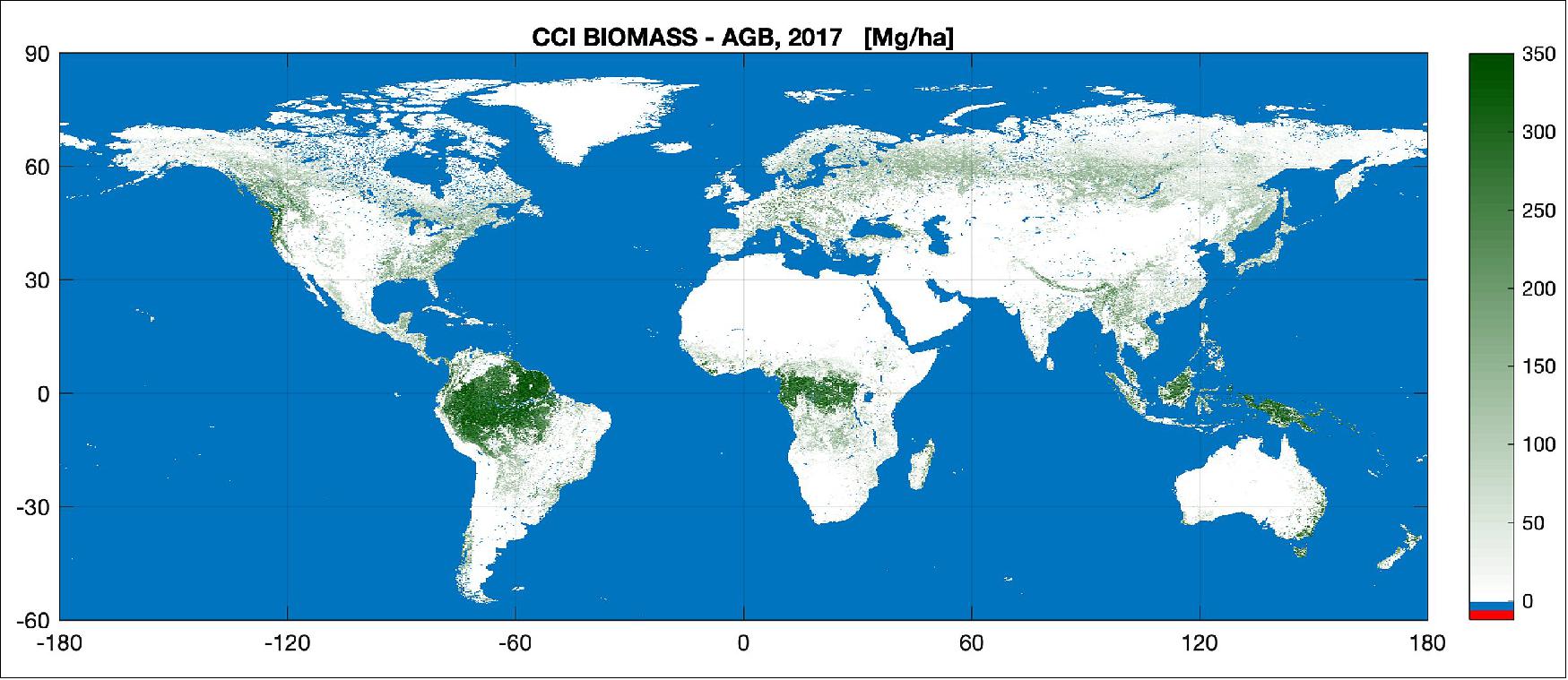 Figure 39: Biomass: quantifying carbon. Satellite data was used to create a map of above-ground Biomass for 2017-18. The new map uses optical, lidar and radar data acquired in 2017 and 2018 from multiple Earth observation satellites, and is the first to integrate multiple acquisitions from the Copernicus Sentinel-1 mission and Japan's ALOS mission (image credit: biomass_cci project funded under ESA's Climate Change Initiative)