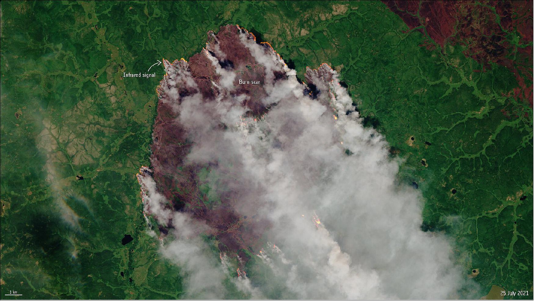 Figure 26: This image captured by the Copernicus Sentinel-2 mission shows one of the many forest fires in the Sakha Republic, Siberia, on 25 July 2021. The image has been processed using the mission's shortwave-infrared band to identify the active fires. Large clouds of smoke can be seen blowing in a southeast direction, while burn scars are visible in dark brown (image credit: ESA, the image contains modified Copernicus Sentinel data (2021), processed by ESA, CC BY-SA 3.0 IGO) 24)