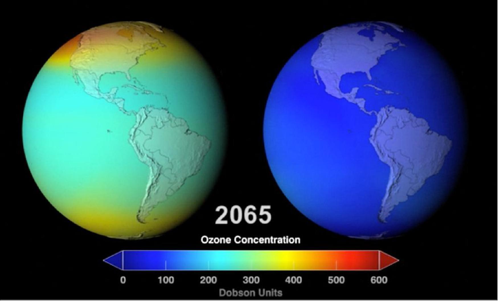 Figure 19: Previous "world-avoided" experiments have shown that, without the Montreal Protocol, ozone levels would be depleted globally by the mid-twentieth century (image credits: NASA/Goddard Space Flight Center Scientific Visualization Studio)