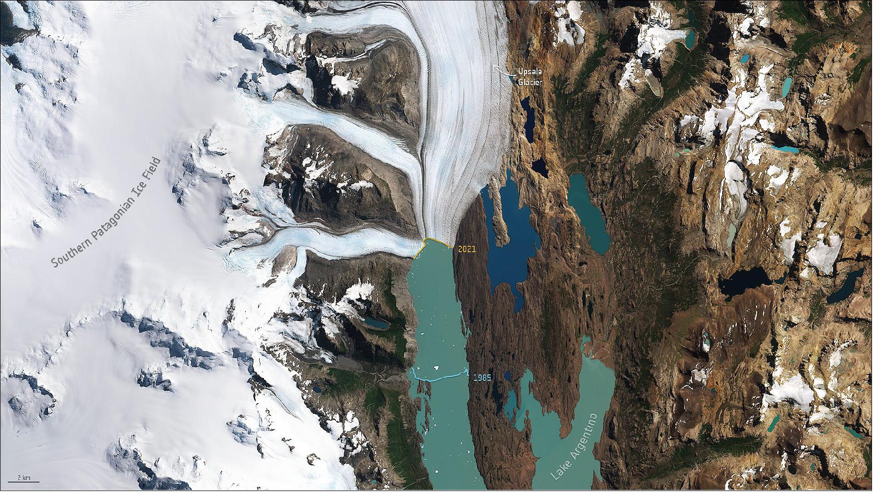 Figure 16: The Upsala Glacier is the third largest glacier in the Southern Patagonian Ice Field. Many glaciers in the Patagonian Ice Field, including Upsala, have been retreating over the last 50 years owing to rising temperatures. Earth observing satellites, including the Copernicus Sentinel-2 mission, have been closely monitoring the Upsala Glacier and have revealed that it has retreated approximately 9 km between 1985 and 2021. Satellite data can help monitor changes in glacier mass and, subsequently, their contribution to rising sea levels (image credit: ESA, the image contains modified Copernicus Sentinel data (2021), processed by ESA, CC BY-SA 3.0 IGO)