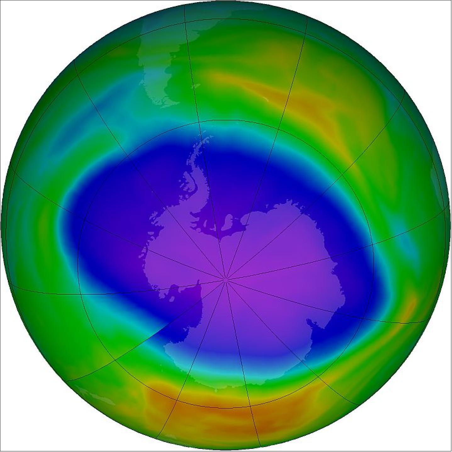 Figure 11: The 2021 Antarctic ozone hole reached its maximum area on Oct. 7 and ranks 13th largest since 1979 (image credits: NASA Ozone Watch)