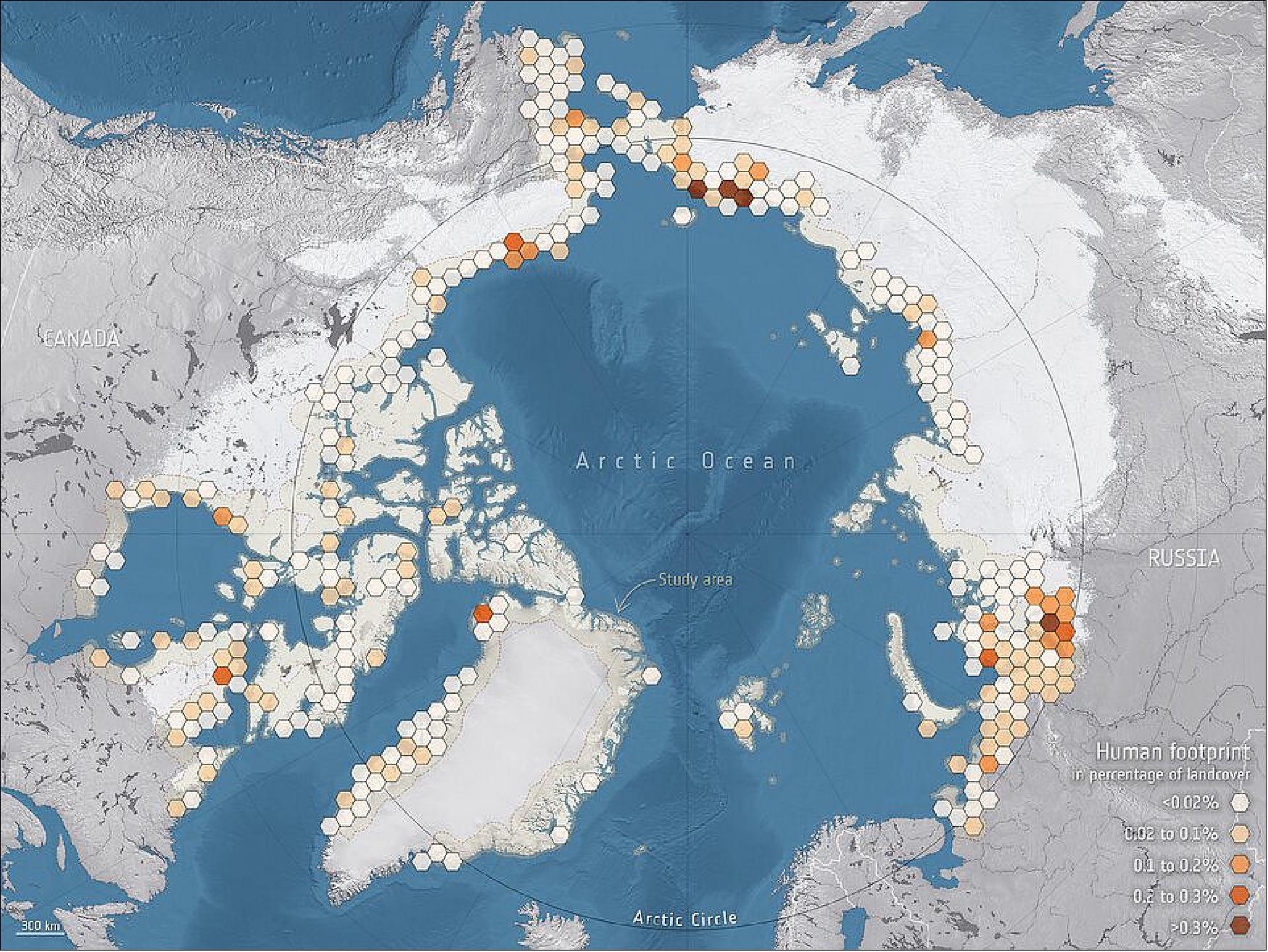 Figure 10: At risk of thawing permafrost. Research that uses data from the Copernicus Sentinel-1 and Sentinel-2 missions along with artificial intelligence offers a complete overview of the Arctic, identifying communities and infrastructure that will be at risk of permafrost thaw over the next 30 years. According to the new research, 55% of the area within 100 km of the Arctic coastline is expected to be affected 2050. The latest Climate Change Initiative Permafrost time series offers the first circumpolar information on the state of the permafrost and recent changes at a scale of 1 km. It allows for a circumpolar assessment of regions that are prone to change and the research points to regions where more detailed monitoring is needed to capture impacts at local levels (image credit: Bartsch et al. (2021), permafrost in background (light grey area) – year 2019 ground temperature at 2 m depth of Obu et al. (2021), Permafrost CCI/ESA)