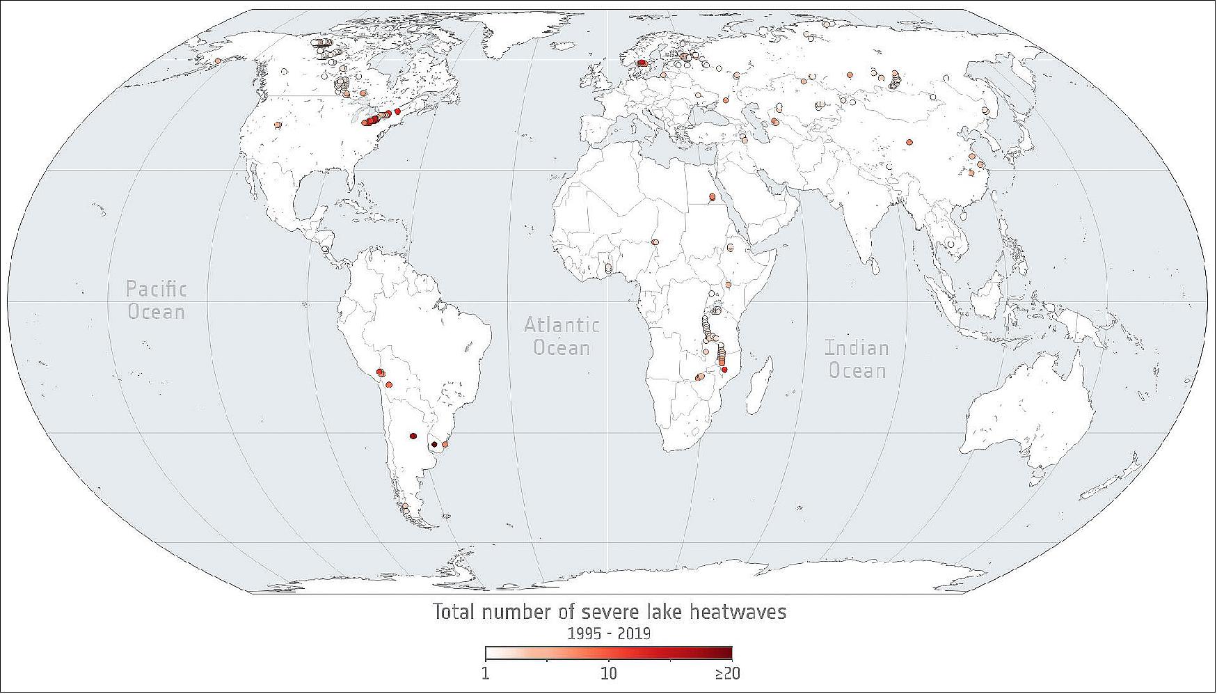 Figure 1: Global view of extreme lake heatwaves. According to a new study published today, the world's largest lakes are being hit by severe heatwaves six times as frequently as they were around two decades ago. The global map pinpoints the exact location of the lakes experiencing extreme heatwaves [image credit: ESA (Data: Woolway et al., 2022)]