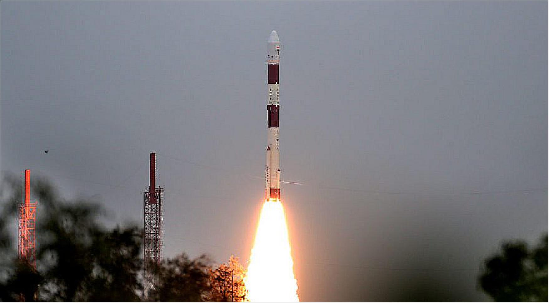 Figure 1: Launch of PSLV-C49 from Satish Dhawan Space Center carrying EOS-1 on Nov. 7, 2020 (image credit: ISRO)