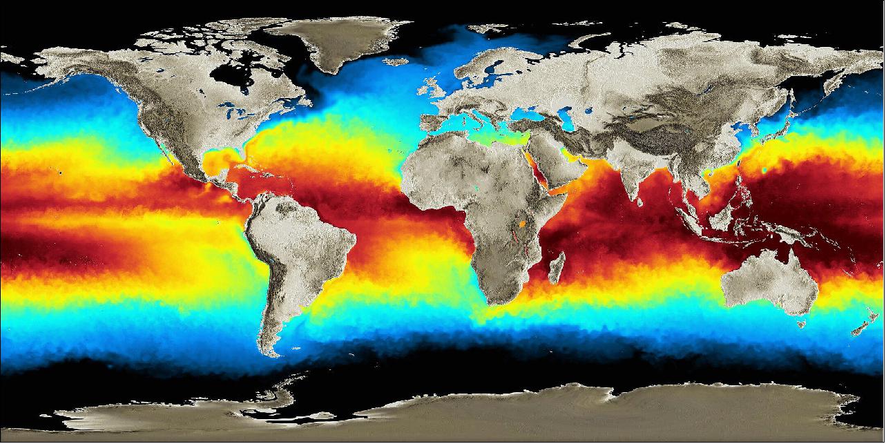 Figure 10: SST (Sea Surface Temperature) from ERS. The Along Track Scanning Radiometer on ERS provided the capability to accurately track SST. This variable is important in the exchange processes of energy and moisture between the ocean and the atmosphere, and therefore essential for climate monitoring. Thanks to ERS, we have a near continuous dataset of sea-surface temperature going back to 1991 (image credit: ESA)