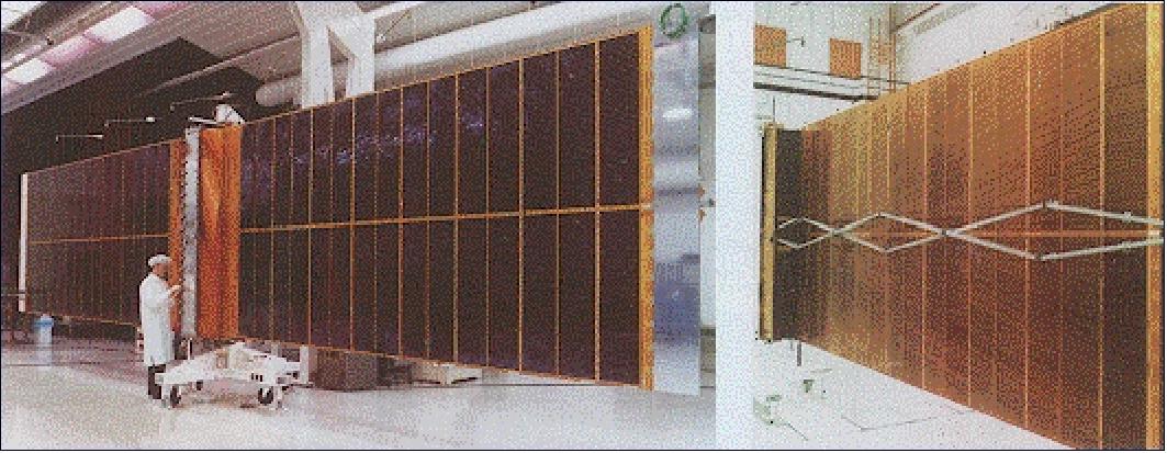Figure 3: Photo of the front and rear side of the solar array (the rear view shows the pantograph deployment mechanism), image credit: ESA