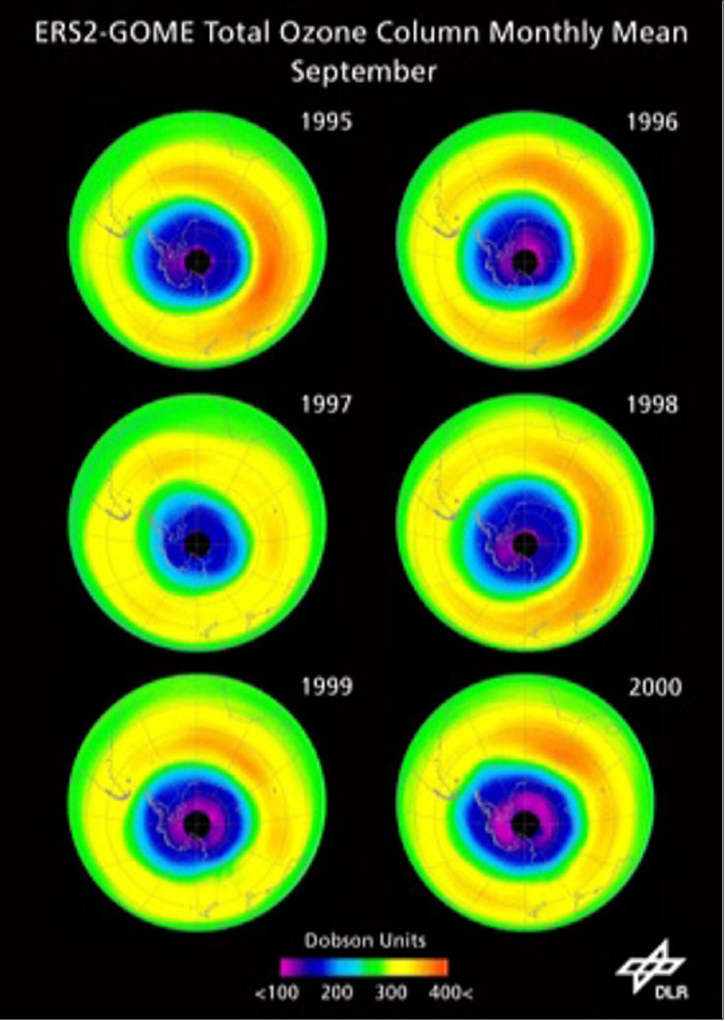 Figure 11: Through observations made by the Global Ozone Monitoring Experiment (GOME) on ERS-2, scientists have been able to track the hole in the ozone layer over Antarctica. This image shows how the hole has changed from 1995 to 2000. GOME was one of the longest serving ozone monitors in the world, with its success leading to a string of similar satellite sensors (image credit: ESA/DLR)