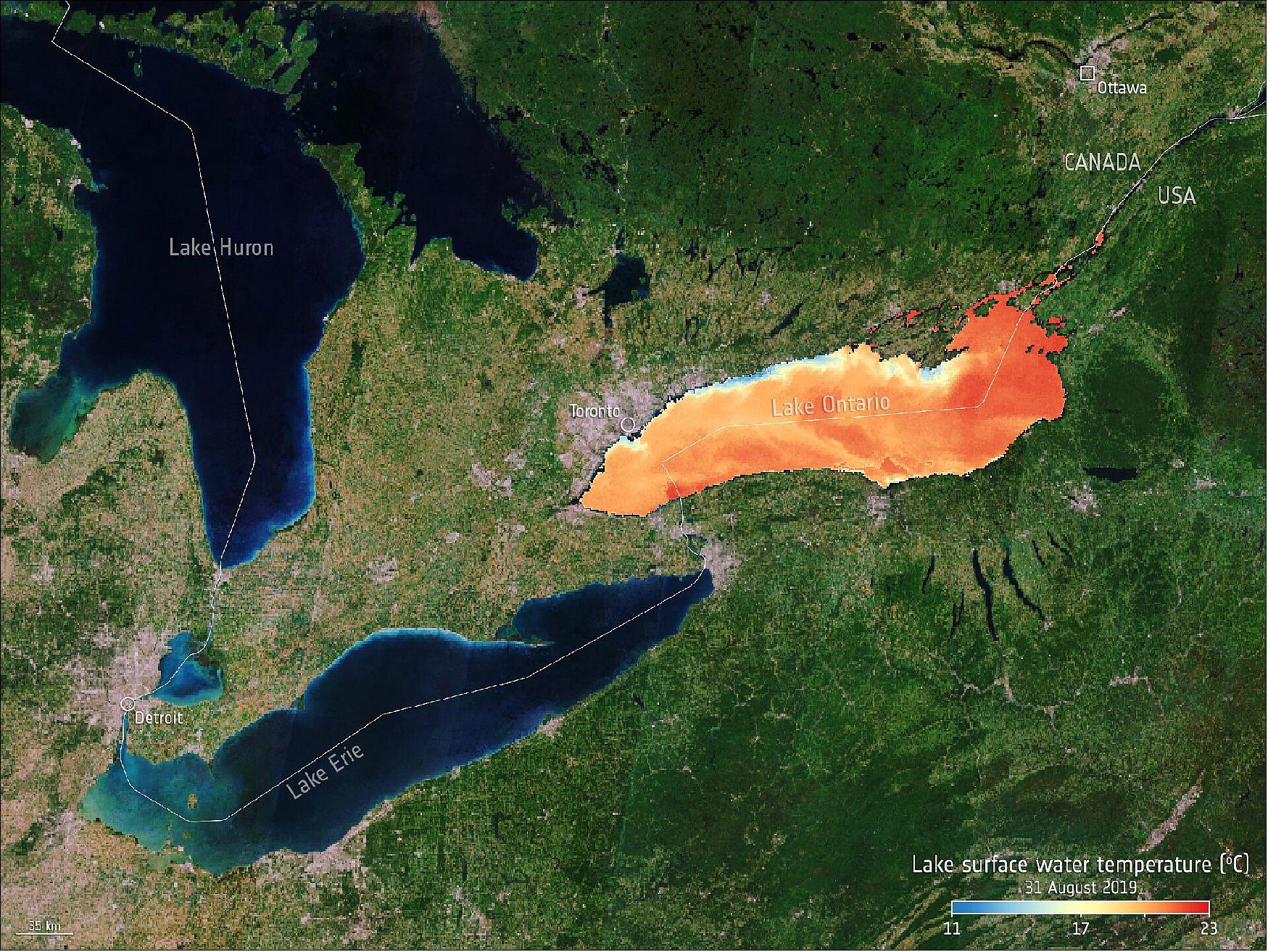 Figure 7: Lake Ontario temperature. According to a paper published in Nature Geoscience, the influence of human-induced climate change is evident in the fact that lake-water temperatures are rising in the fact that lake ice-cover forms later and melts sooner. At the beginning of the project, the authors observed changes in lakes around the world based on satellite-derived observations from ESA’s Climate Change Initiative lakes project – as depicted in this image of Lake Ontario from 31 August 2019 (image credit: ESA/CCI Lakes project, CC BY-SA 3.0 IGO)