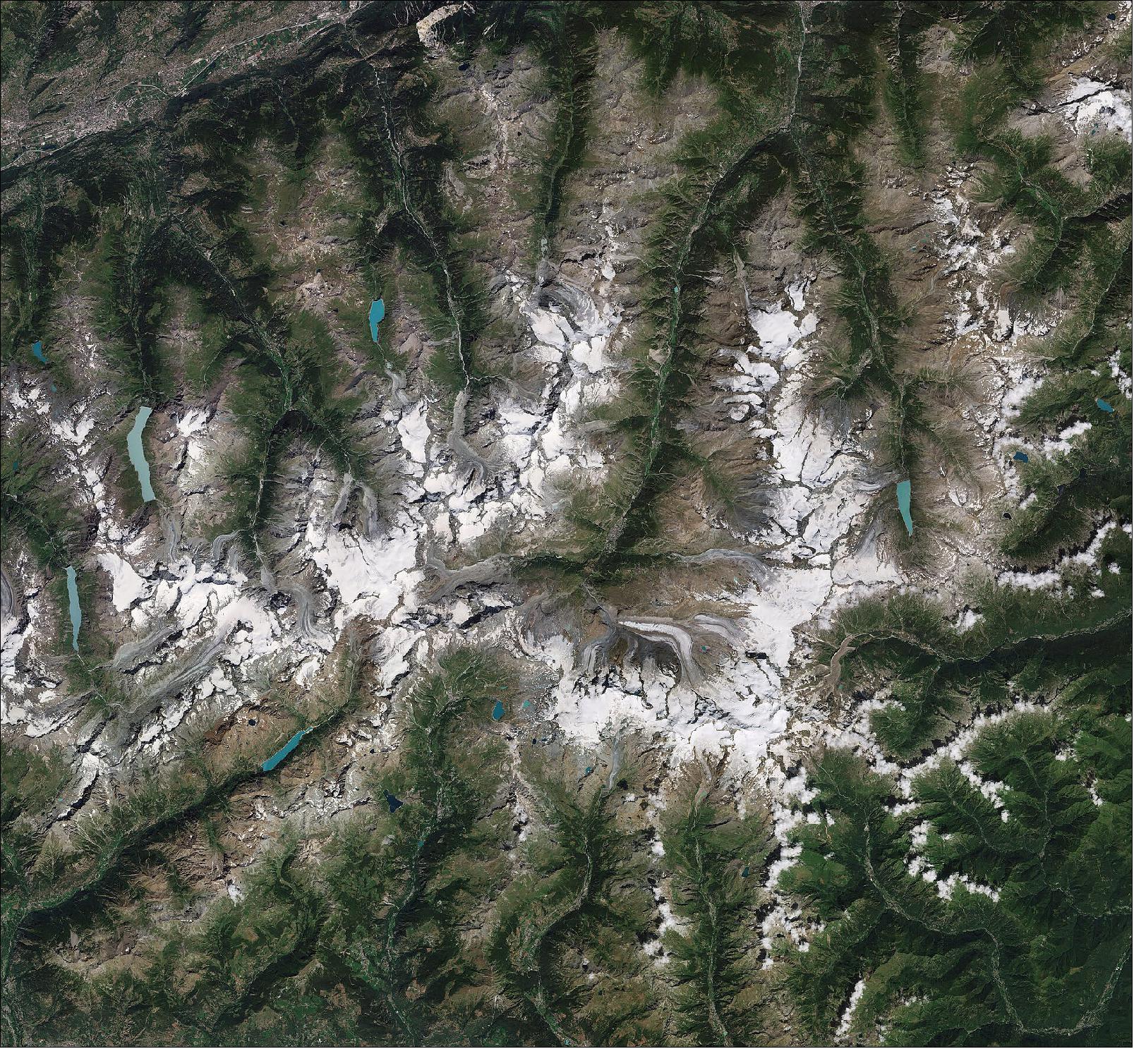 Figure 3: The Pennine Alps are featured in this image captured by the Copernicus Sentinel-2 mission on 7 August 2020 (image credit: ESA, the image contains modified Copernicus Sentinel data (2021), processed by ESA, CC BY-SA 3.0 IGO)