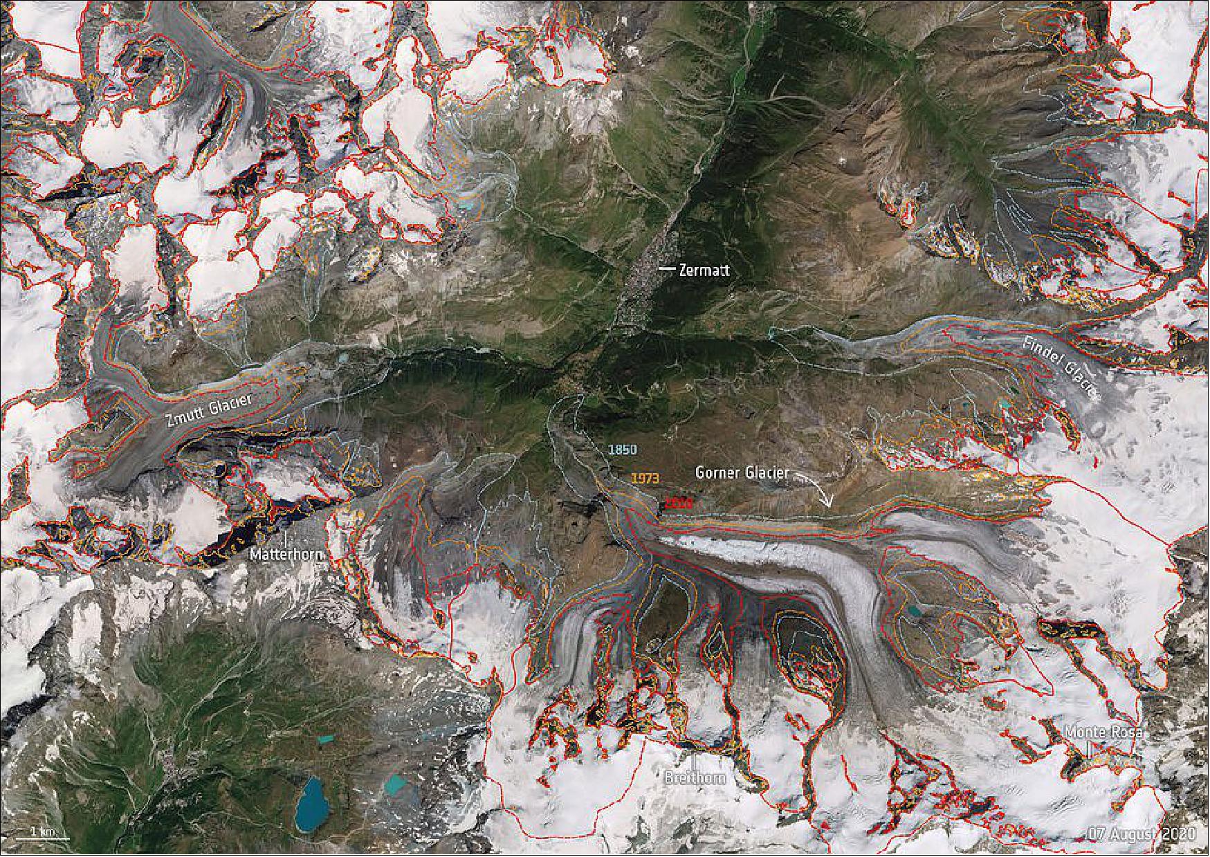 Figure 2: The map shows the historic outlines of the Gorner Glacier system and the surrounding area. The data has been retrieved from the Glacier Monitoring in Switzerland (GLAMOS) database and overlaid on a Copernicus Sentinel-2 image captured on 7 August 2020 to show the recent state of the glacier systems of the area [image credit: ESA, the image contains modified Copernicus Sentinel data (2020), processed by ESA. Historical glacier data from Glacier Monitoring in Switzerland (GLAMOS)]