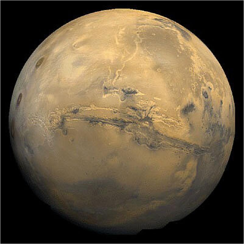 Figure 1: Our knowledge of what happens at Mars is always happening in the past, compared to when it really took place, making it difficult to pin down a precise 'now'. The image shows a mosaic of the Valles Marineris hemisphere of Mars. The centre of the scene (lat. -7, long. 78) shows the entire Valles Marineris canyon system, over 3000 km long and up to eight kilometres deep, extending from Noctis Labyrinthus, the arcuate system of graben to the west, to the chaotic terrain to the east (image credit: NASA)