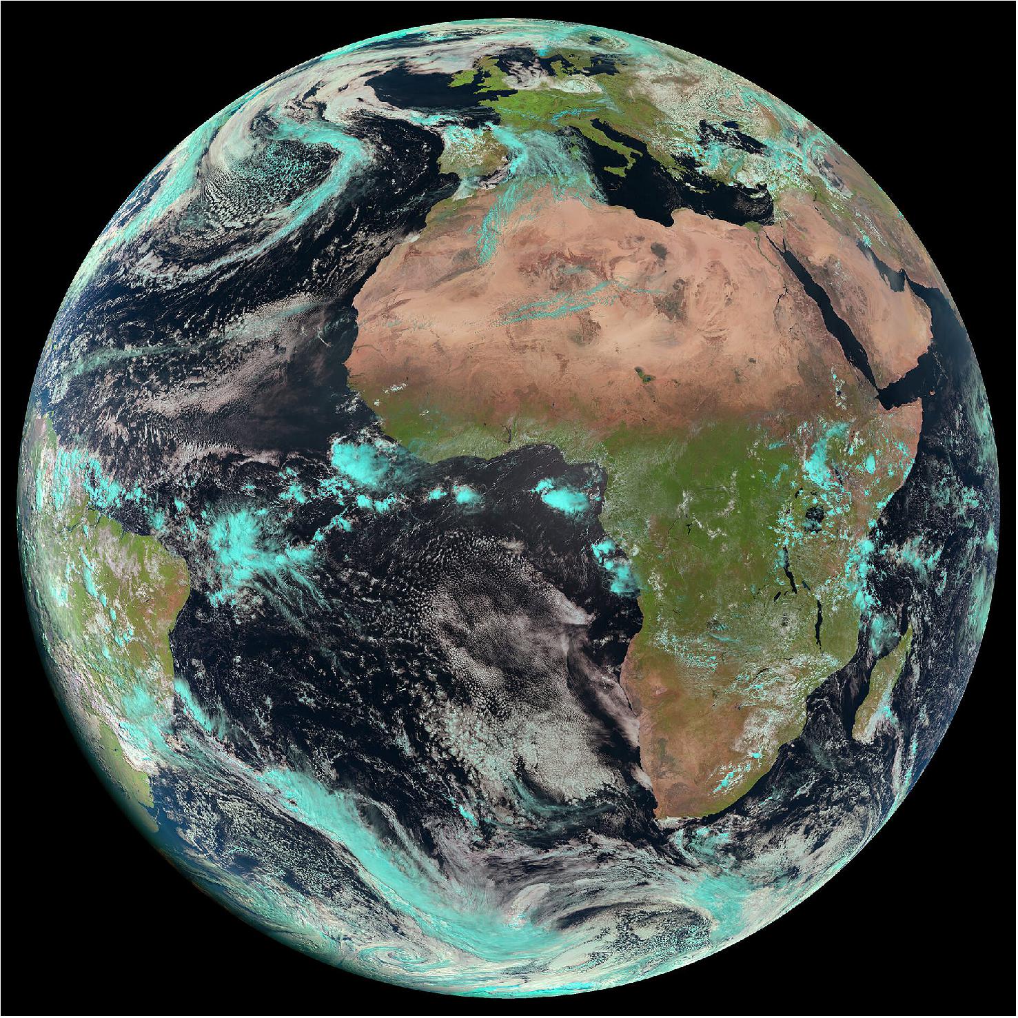 Figure 11: Earth seen by MeteoSat. This full-disc image of Earth was acquired by the Spinning Enhanced Visible and Infrared Imager (SEVIRI) instrument on MSG-3 (MeteoSat Second Generation-3, now MeteoSat-10 in operation) on 22 April 2015 (image credit: EUMETSAT)