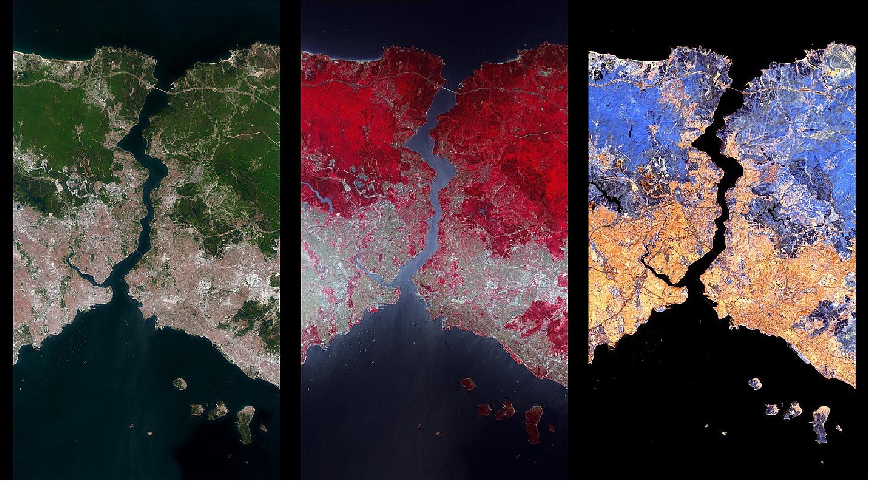Figure 17: EnMAP- one image many different information contents (image 1/3). Four weeks after its launch, EnMAP has now sent home the first images from space. They show a strip about 30 km wide and 180 km long over Istanbul on the Bosporus in Turkey. The data were sent to Earth via the DLR ground station in Neustrelitz. In another five months, the mission is scheduled to enter the operational phase. Then scientists can start collecting data on specific areas of the Earth [image credit: DLR (CC BY-NC-ND 3.0)]