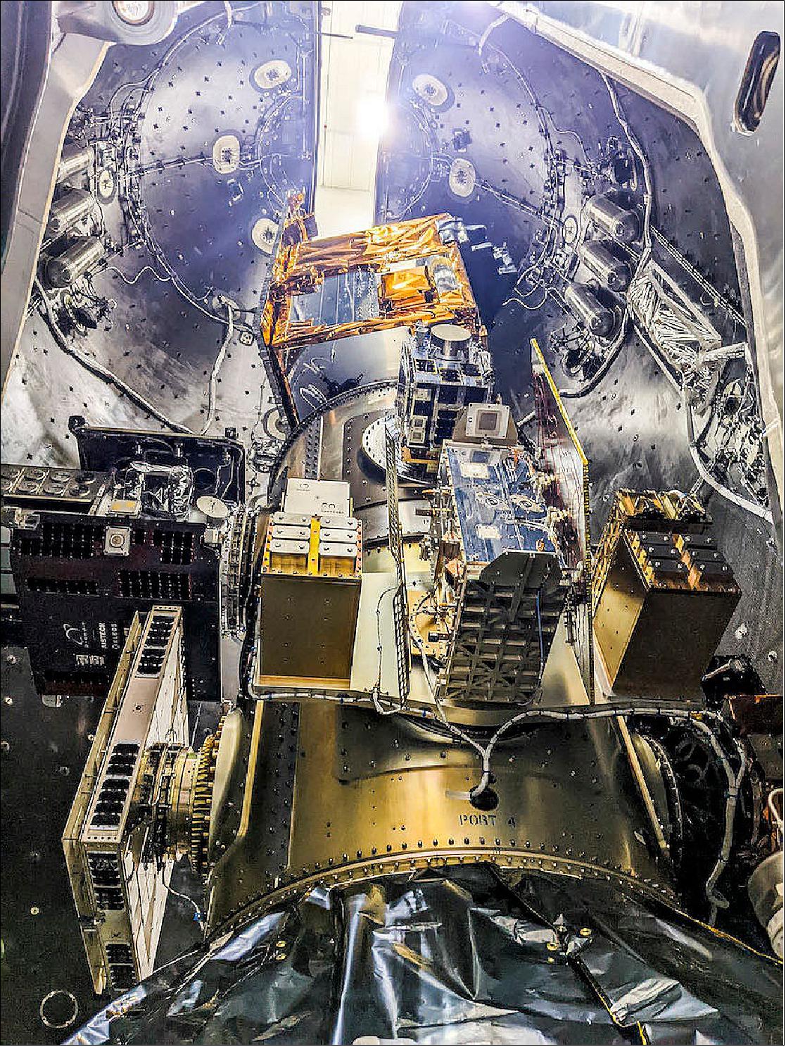 Figure 14: The satellites riding on SpaceX’s Transporter-4 rideshare mission during encapsulation inside the Falcon 9 rocket’s payload fairing. Germany’s EnMAP satellite is seen on top of the stack (image credit: SpaceX)