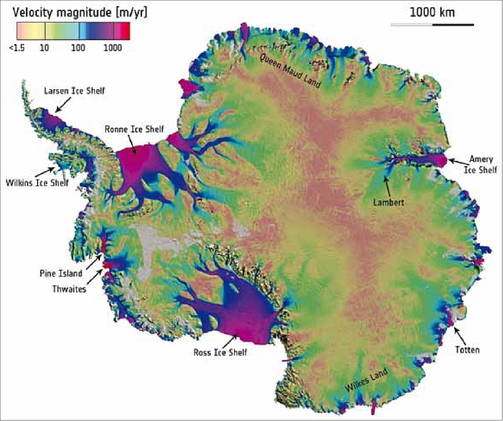 Figure 22: First map of ice velocity over the entire continent of Antarctica, (image credit: ESA, Ref. 33) 36)