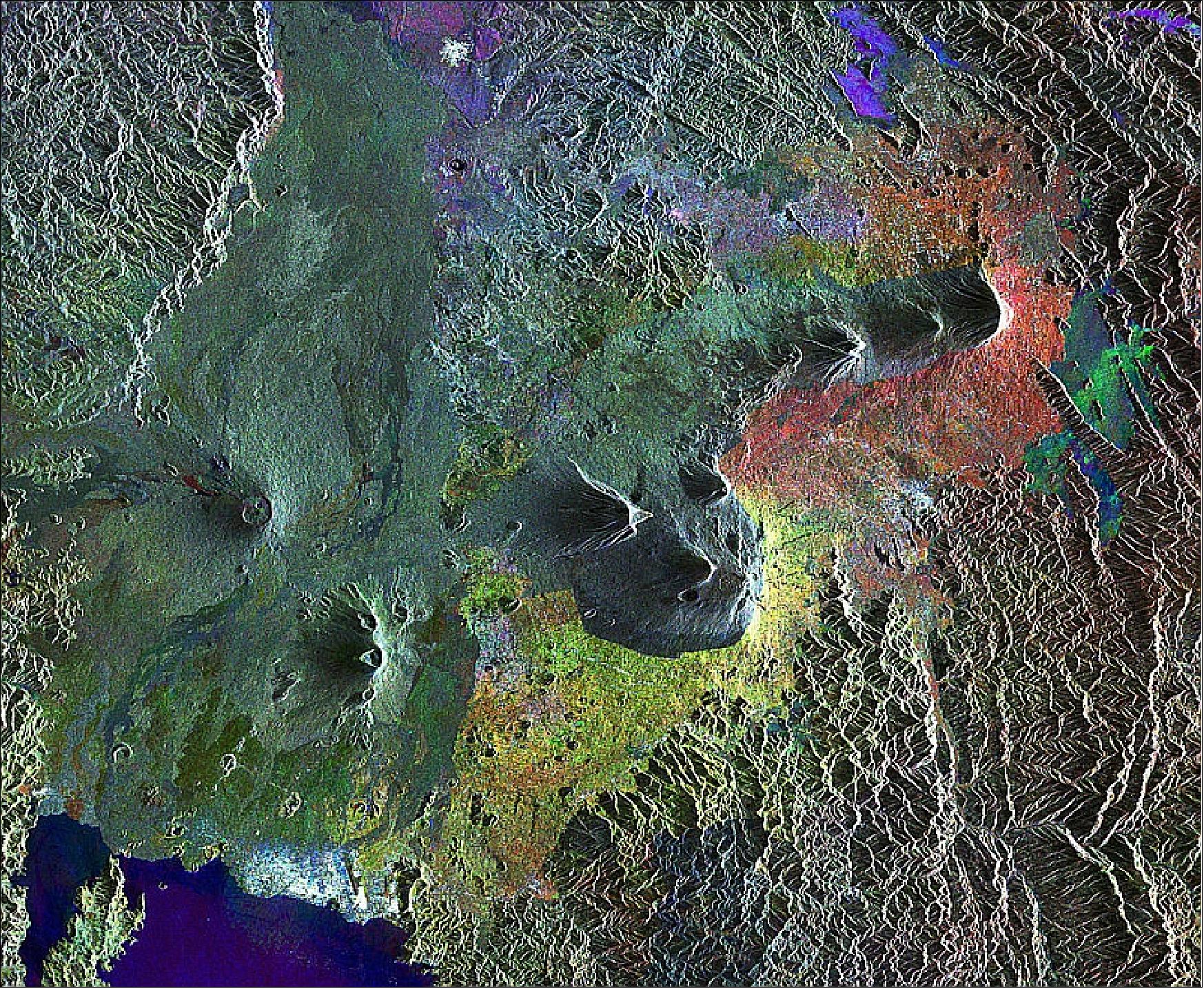 Figure 19: This Envisat radar image features a chain of volcanoes called the Virunga Mountains that stretch across Rwanda's northern border with Uganda and east into the Democratic Republic of the Congo (image credit: ESA)