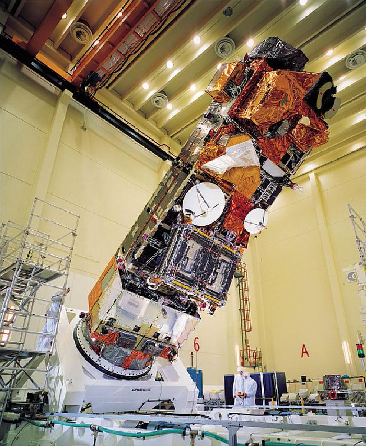 Figure 3: Photo of Envisat, the largest Earth Observation satellite to date, during integration at ESTEC in 2000 (image credit: ESA)