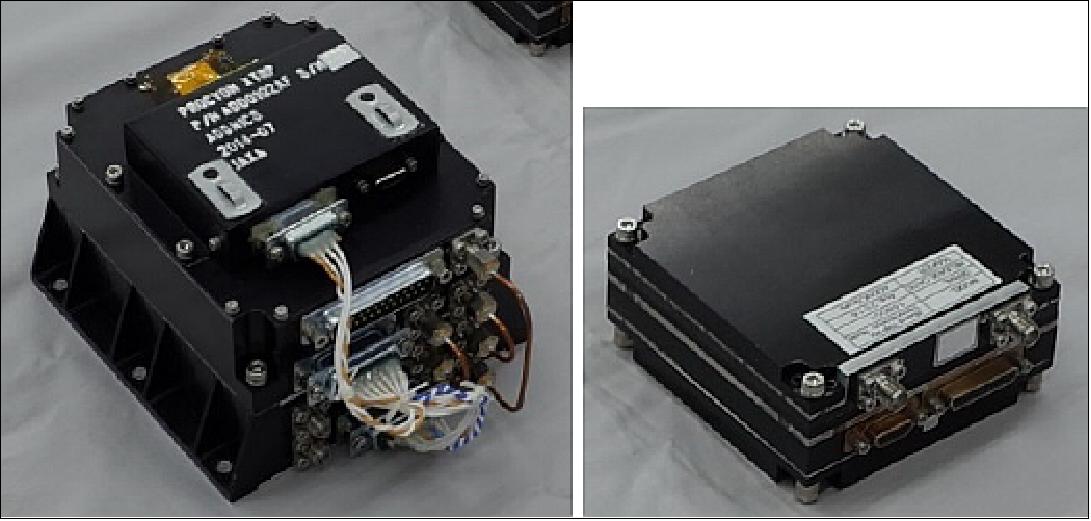 Figure 5: The deep space X-band transponder demonstrated on PROCYON (left) and the newly developed transponder for EQUULEUS to fit within the CubeSat form factor (right). The function of the transponder was divided into multiple slices for the case of EQUULEUS (image credit: ISSL, JAXA)
