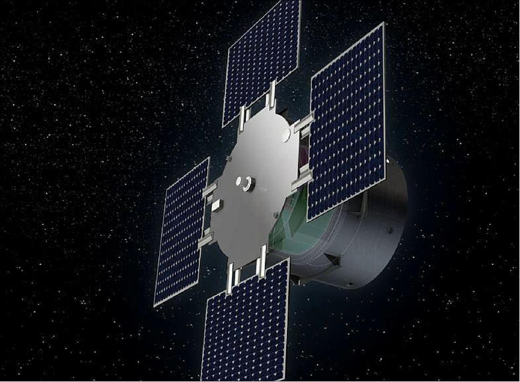Figure 2: Artist's rendition of the deployed Eu:CROPIS minisatellite. The deployed configuration has a width of 2.88 m. An S-band antenna is seen in the center of the top plate (image credit: DLR)